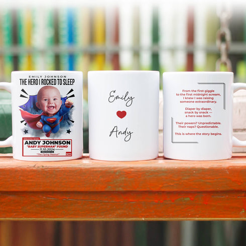 Custom Baby Superman Mug – “The Flying Peanut” Design with Name, Photo & Quote – Personalized Gift for Moms